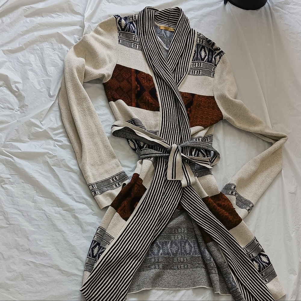 Bellino Clothing Striped Cardigan - Cream and Burgundy - Western Style - Cotton